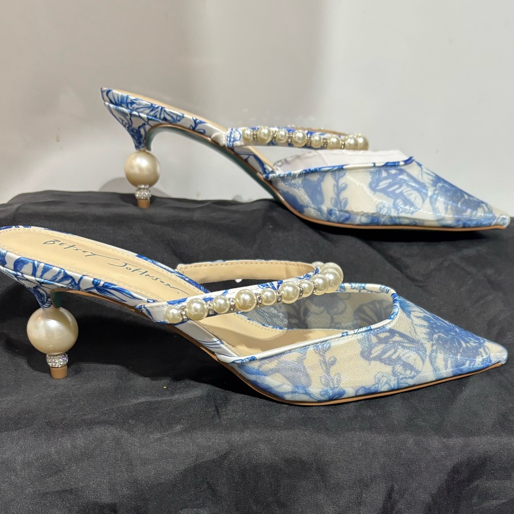 Betsey Johnson Blue Heels with Vintage Brocade Design